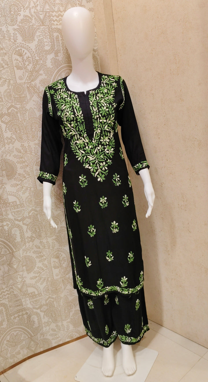 Sana Rayon Chikankari Designer Black Palazzo Set
