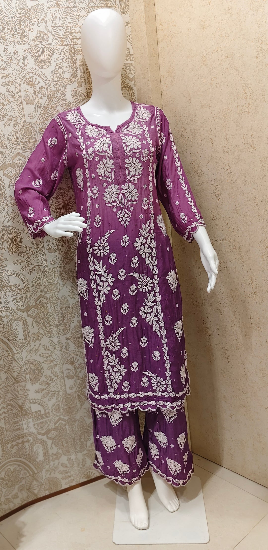 Azina Premium Muslin 3D Chikankari Ombre With Cutwork And Mukaish Work Kurti Palazzo Set
