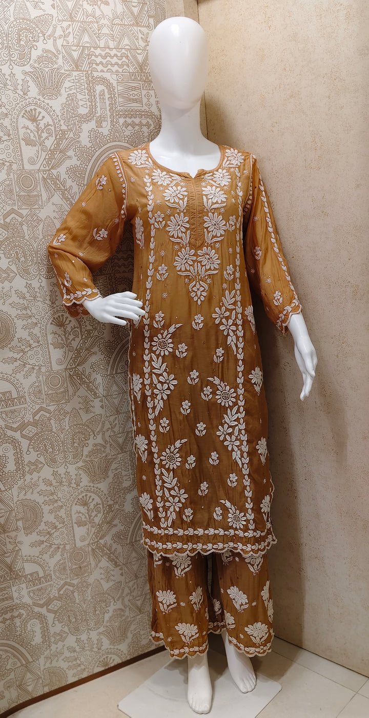 Azina Premium Muslin 3D Chikankari Ombre With Cutwork And Mukaish Work Kurti Palazzo Set