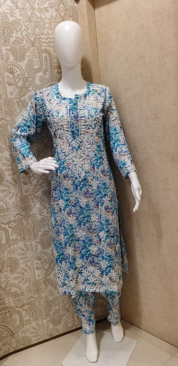 Rukhsaar Printed Mulmul Chikankari Pant  Set