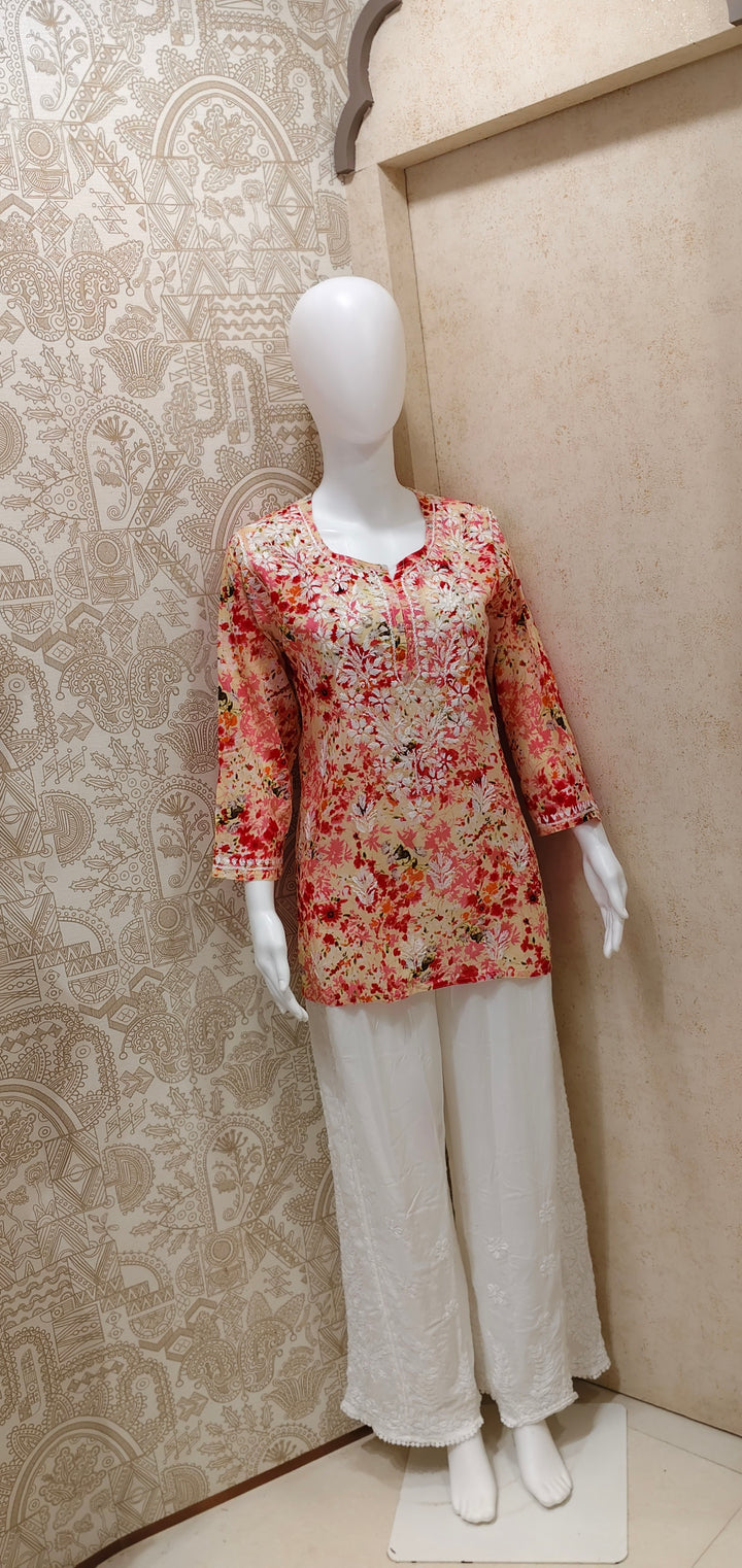 Soha Printed Mul  Cotton Chikankari Short Kurti