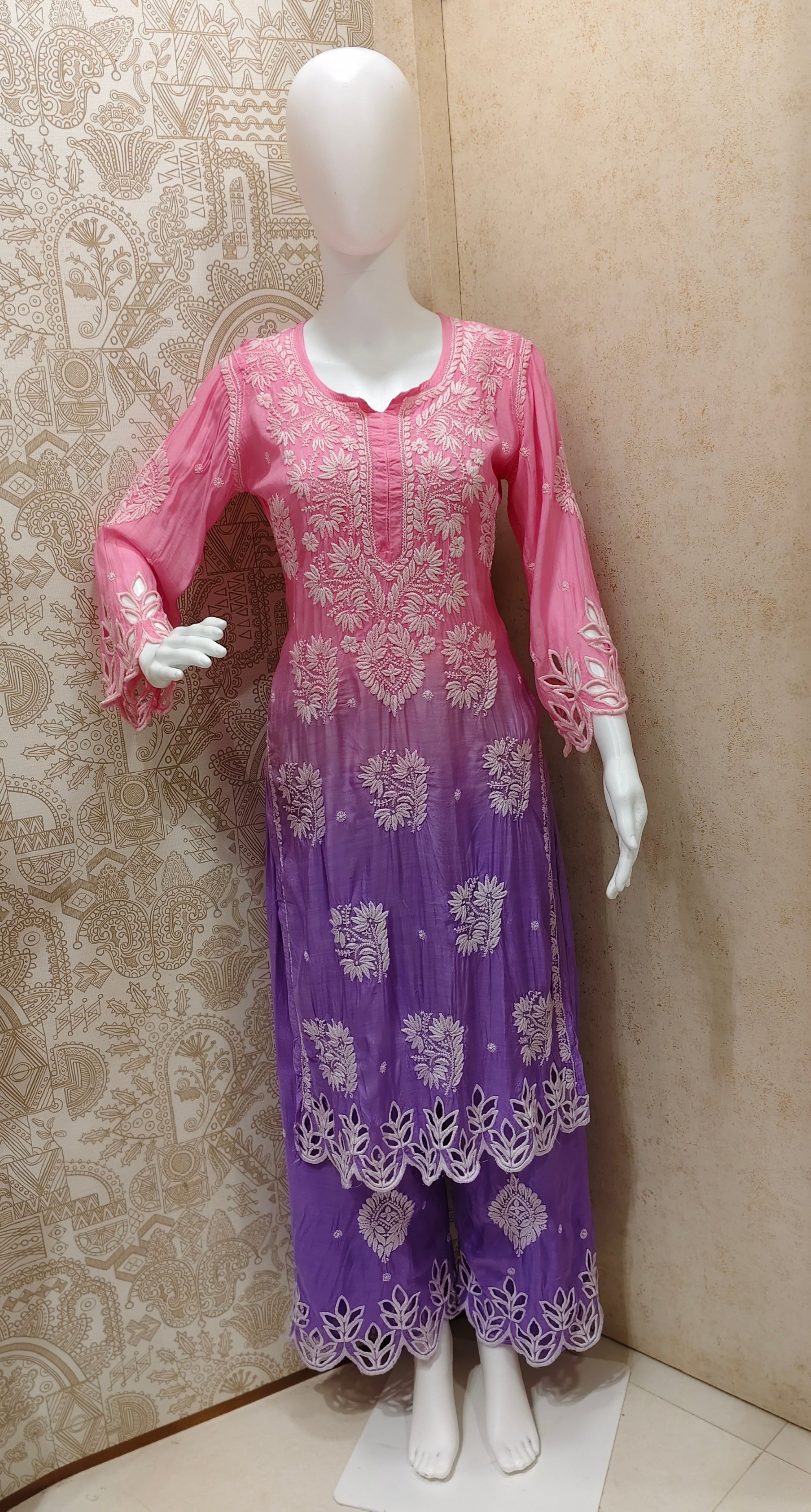 Anaya  Premium Muslin 3D Chikankari Ombre  Cutwork Kurti Palazzo Set