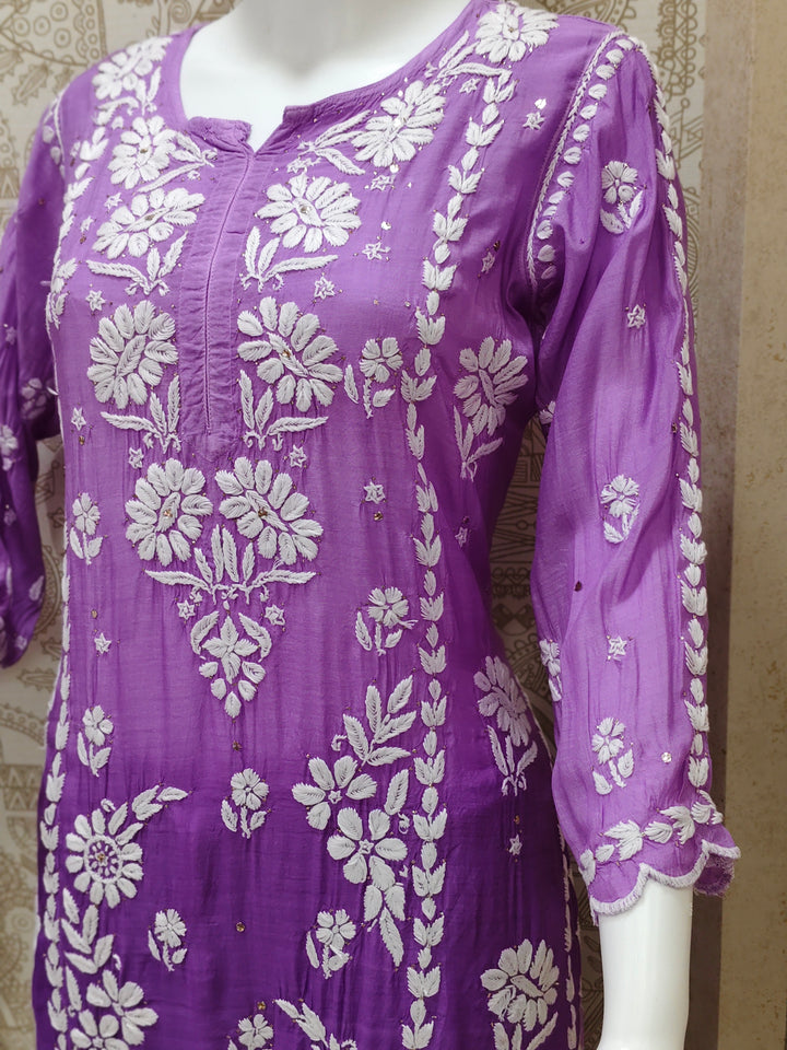 Azina Premium Muslin 3D Chikankari Ombre With Cutwork And Mukaish Work Kurti Palazzo Set