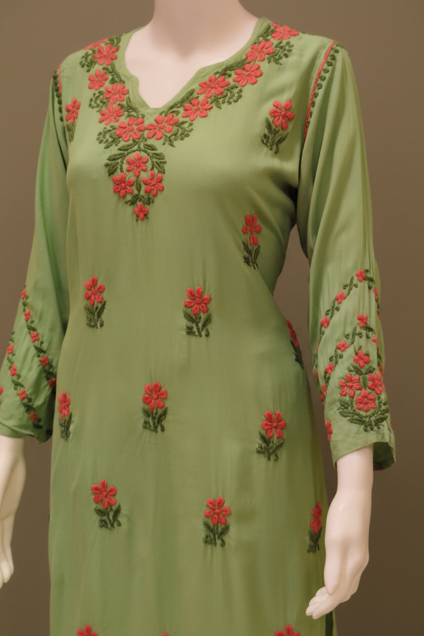 Kyra Rayon Chikankari Green - Pink  Long Kurti