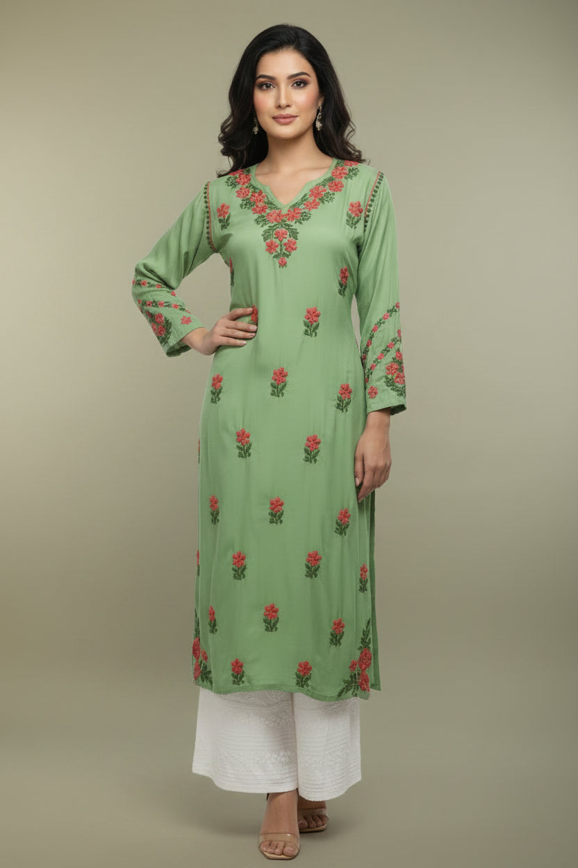 Kyra Rayon Chikankari Green - Pink  Long Kurti