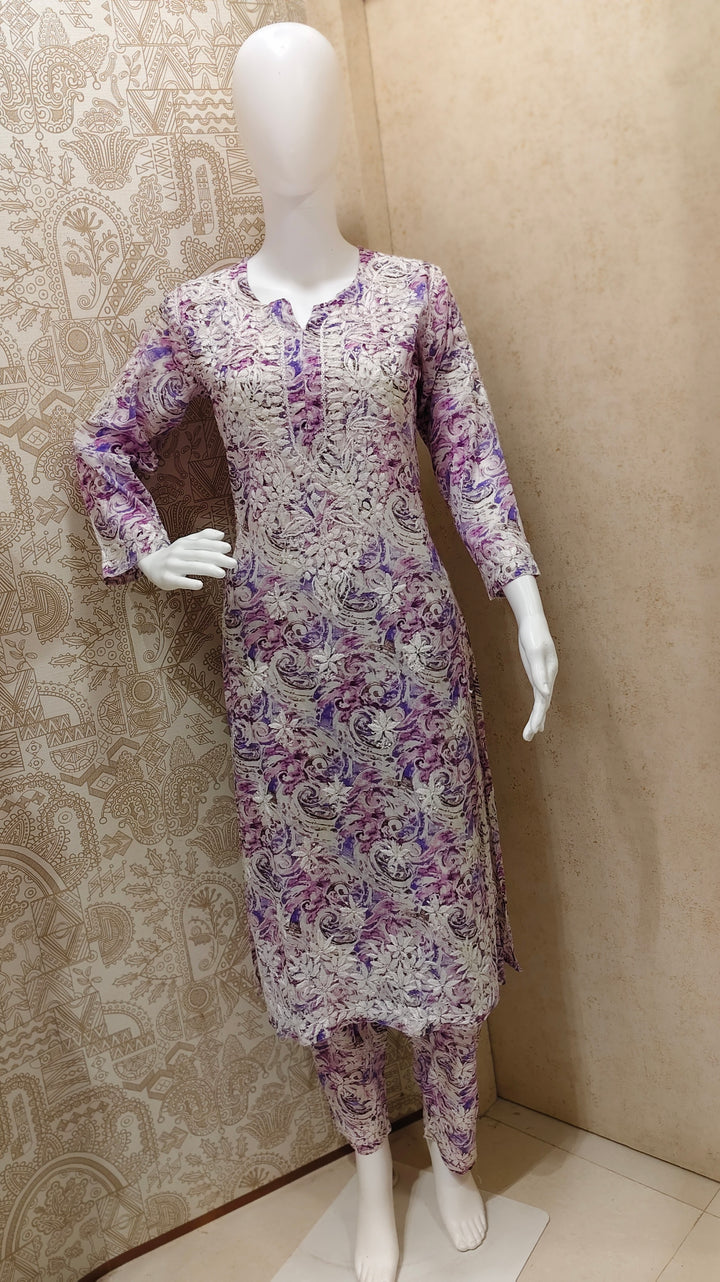 Rukhsaar Printed Mulmul Chikankari Pant  Set