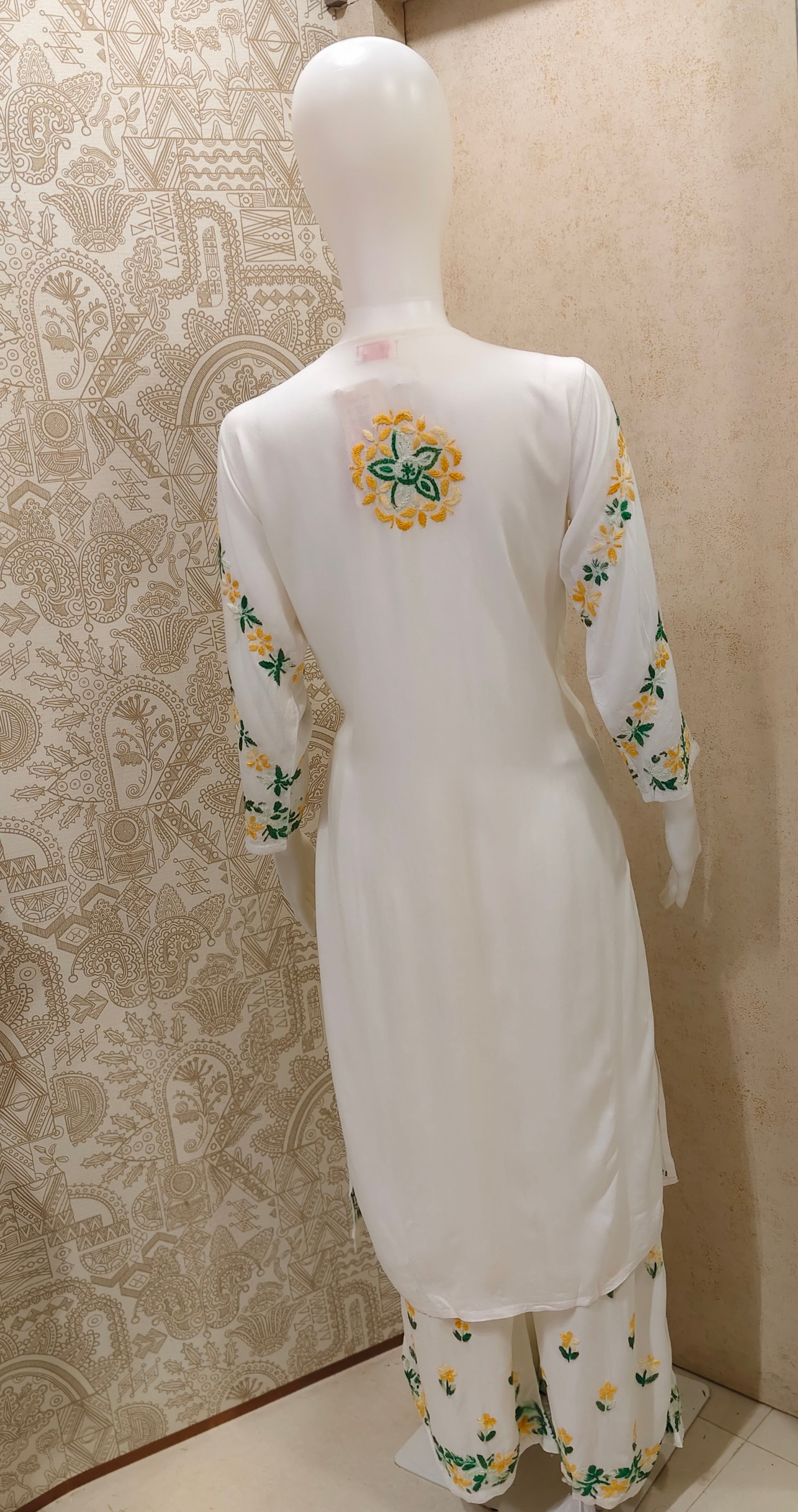 Rida  Rayon Chikankari Designer White- Multi  Palazzo Set