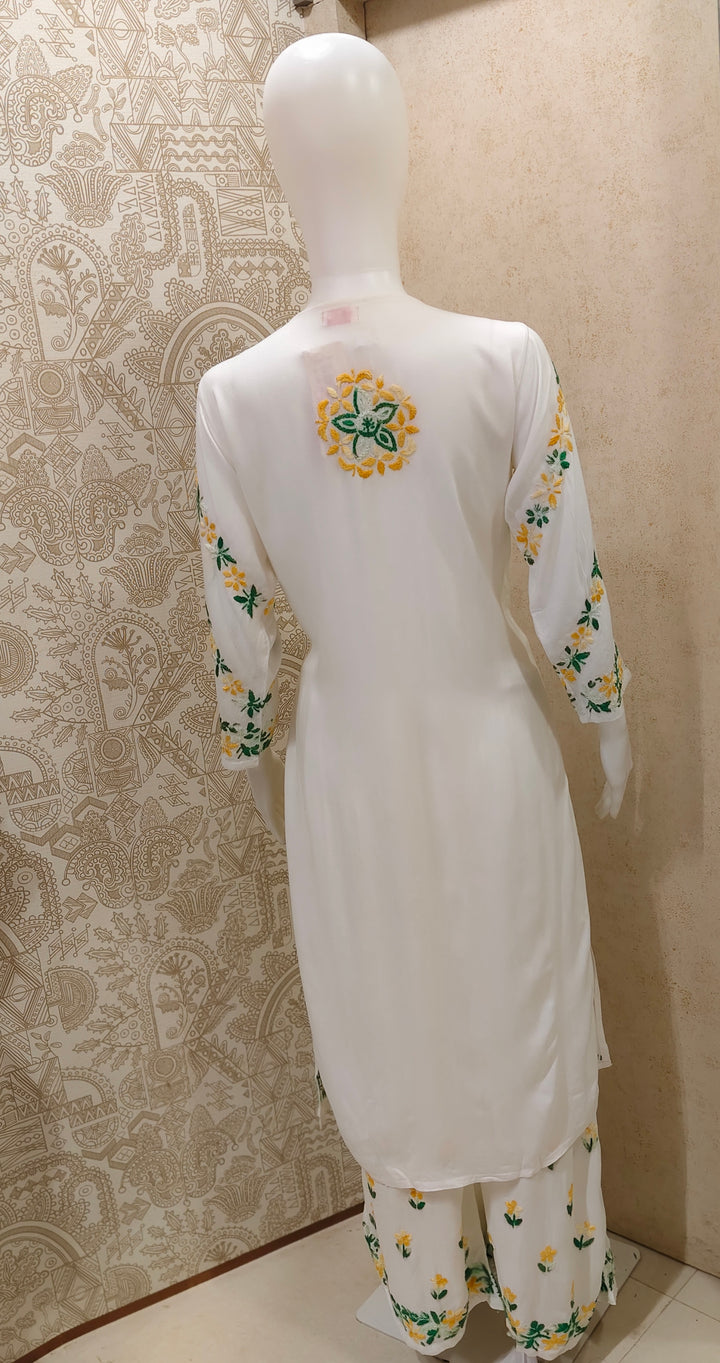 Rida  Rayon Chikankari Designer White- Multi  Palazzo Set