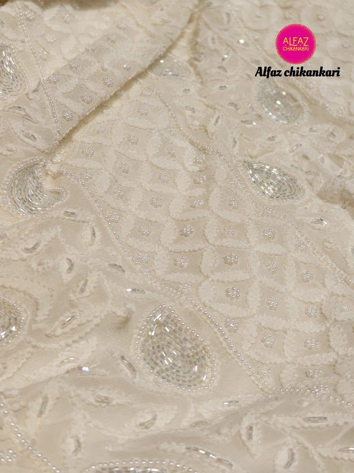 Amal Hand Embroidered White Viscose  Lucknowi Chikankari Unstitched Kurta Dupatta Set With  Add On Cutdana