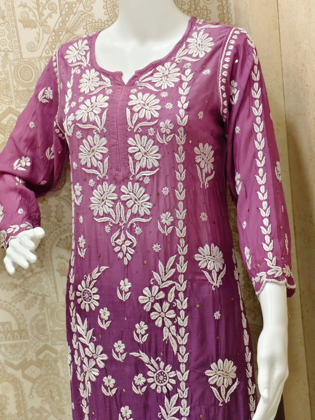 Azina Premium Muslin 3D Chikankari Ombre With Cutwork And Mukaish Work Kurti Palazzo Set
