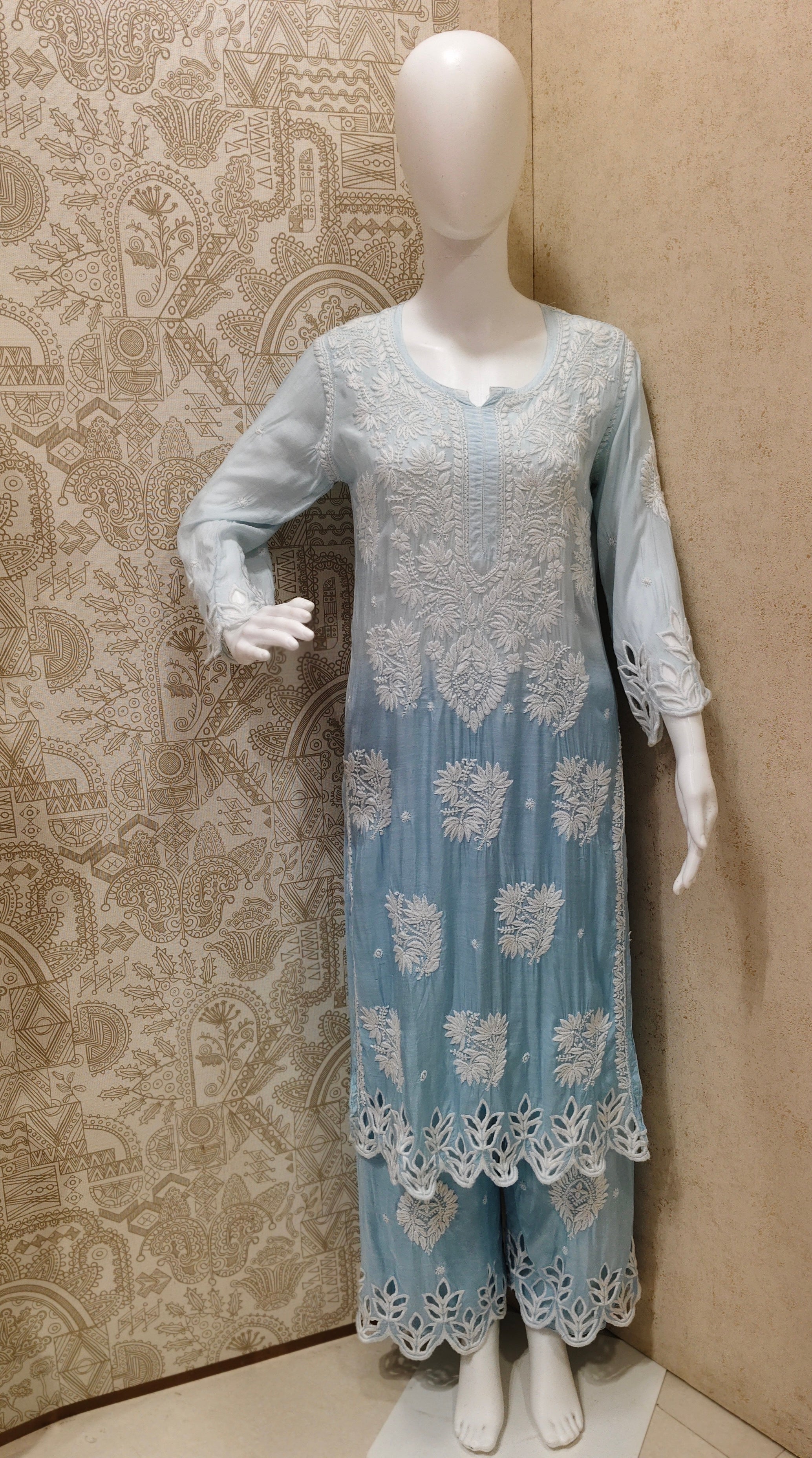 Anaya  Premium Muslin 3D Chikankari Ombre  Cutwork Kurti Palazzo Set