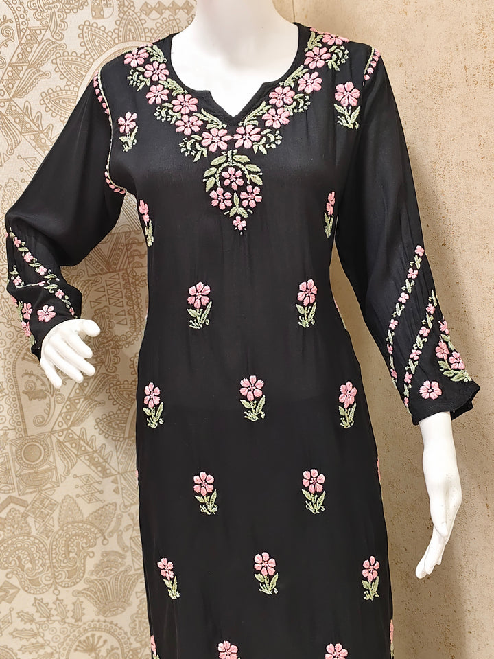 Yara  Rayon Black Multi Long Kurti Chikankari
