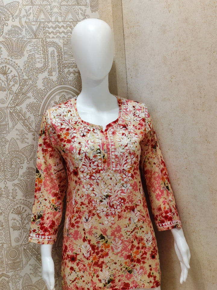 Soha Printed Mul  Cotton Chikankari Short Kurti