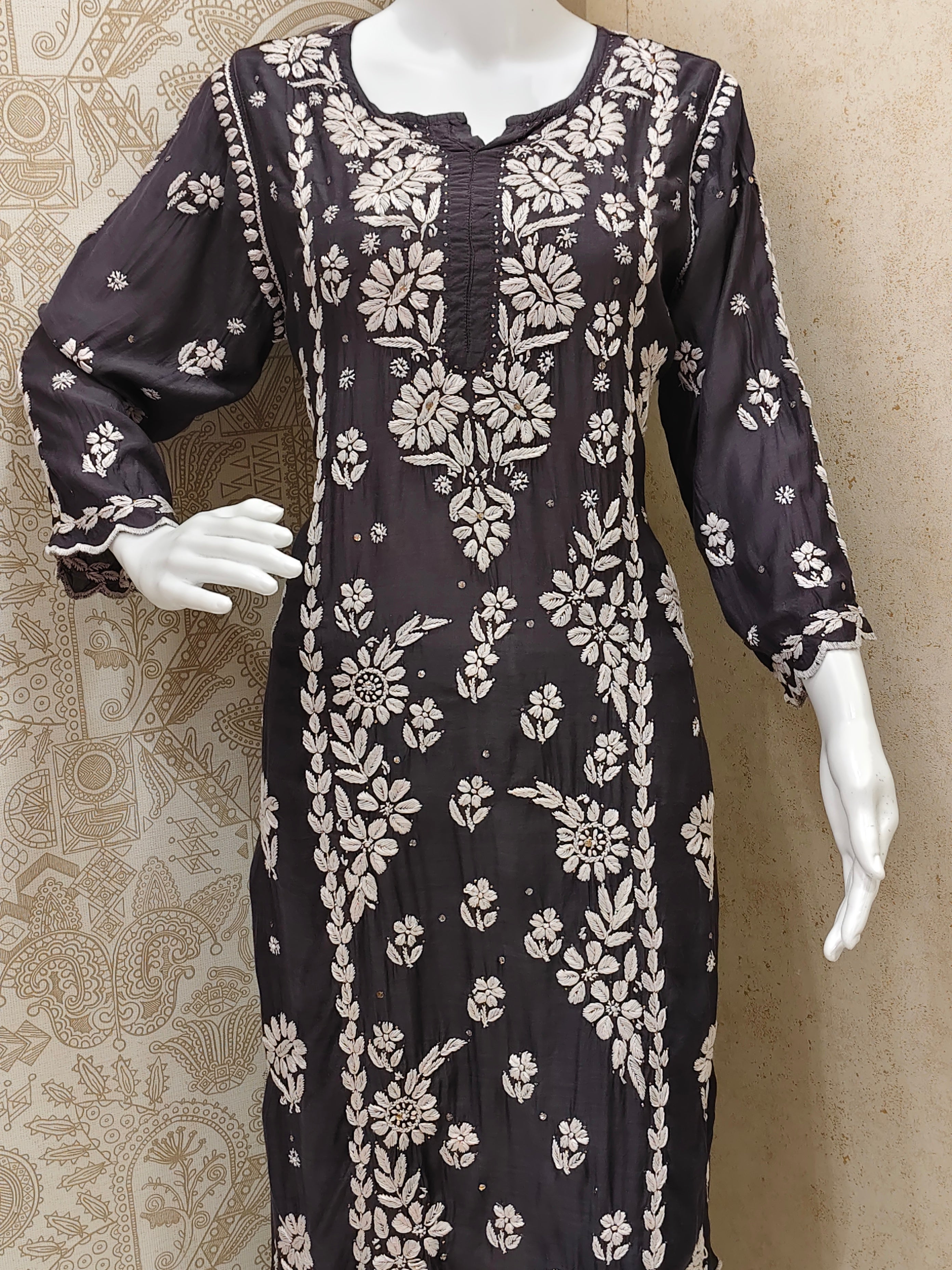 Azina Premium Muslin 3D Chikankari Ombre With Cutwork And Mukaish Work Kurti Palazzo Set