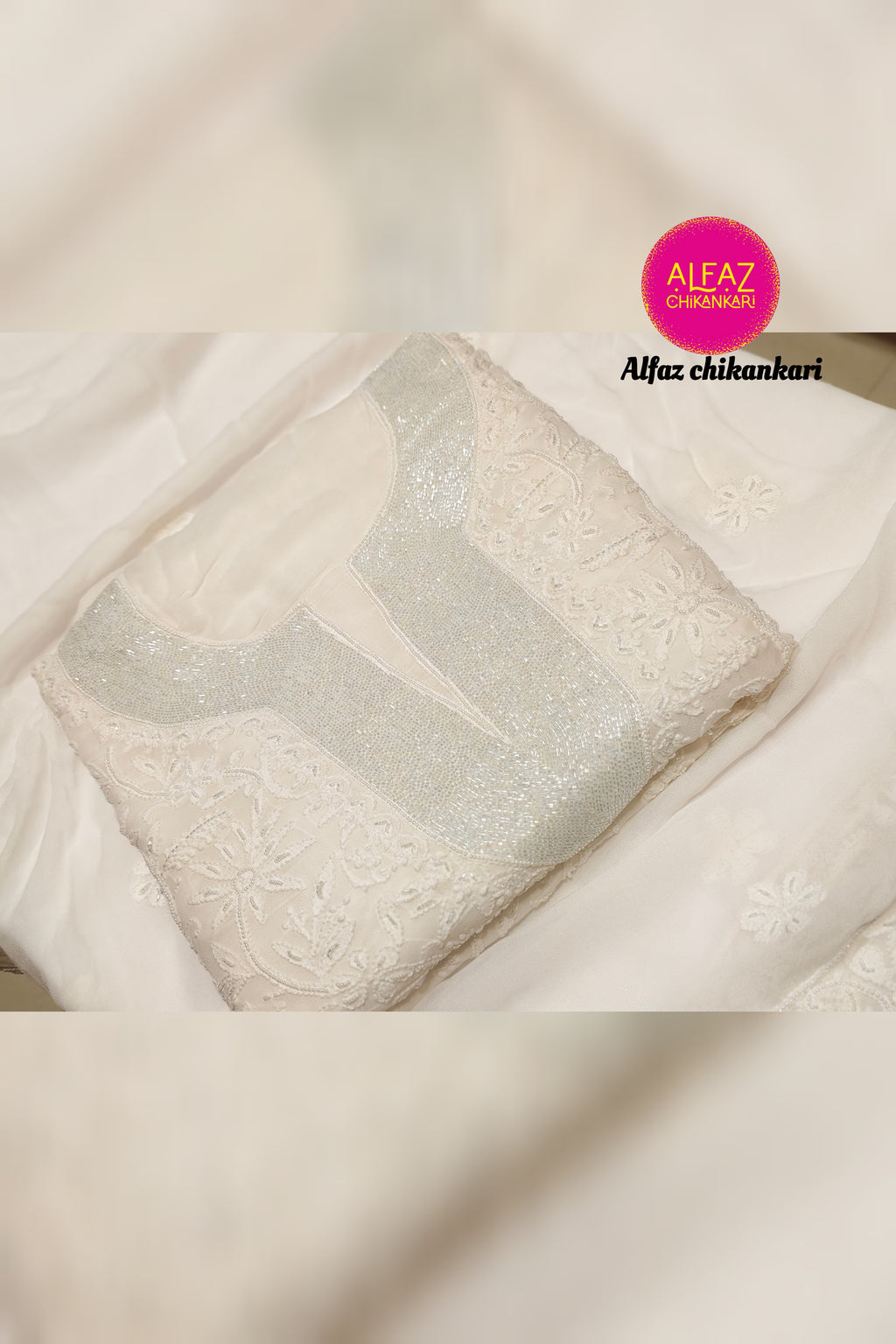 Haniyya  Hand Embroidered White Viscose  Lucknowi Chikankari Unstitched Kurta Dupatta Set With  Add On Cutdana