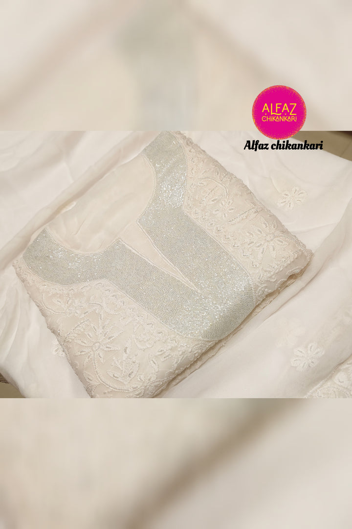 Haniyya  Hand Embroidered White Viscose  Lucknowi Chikankari Unstitched Kurta Dupatta Set With  Add On Cutdana