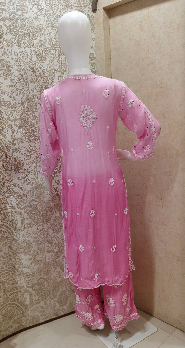 Azina Premium Muslin 3D Chikankari Ombre With Cutwork And Mukaish Work Kurti Palazzo Set