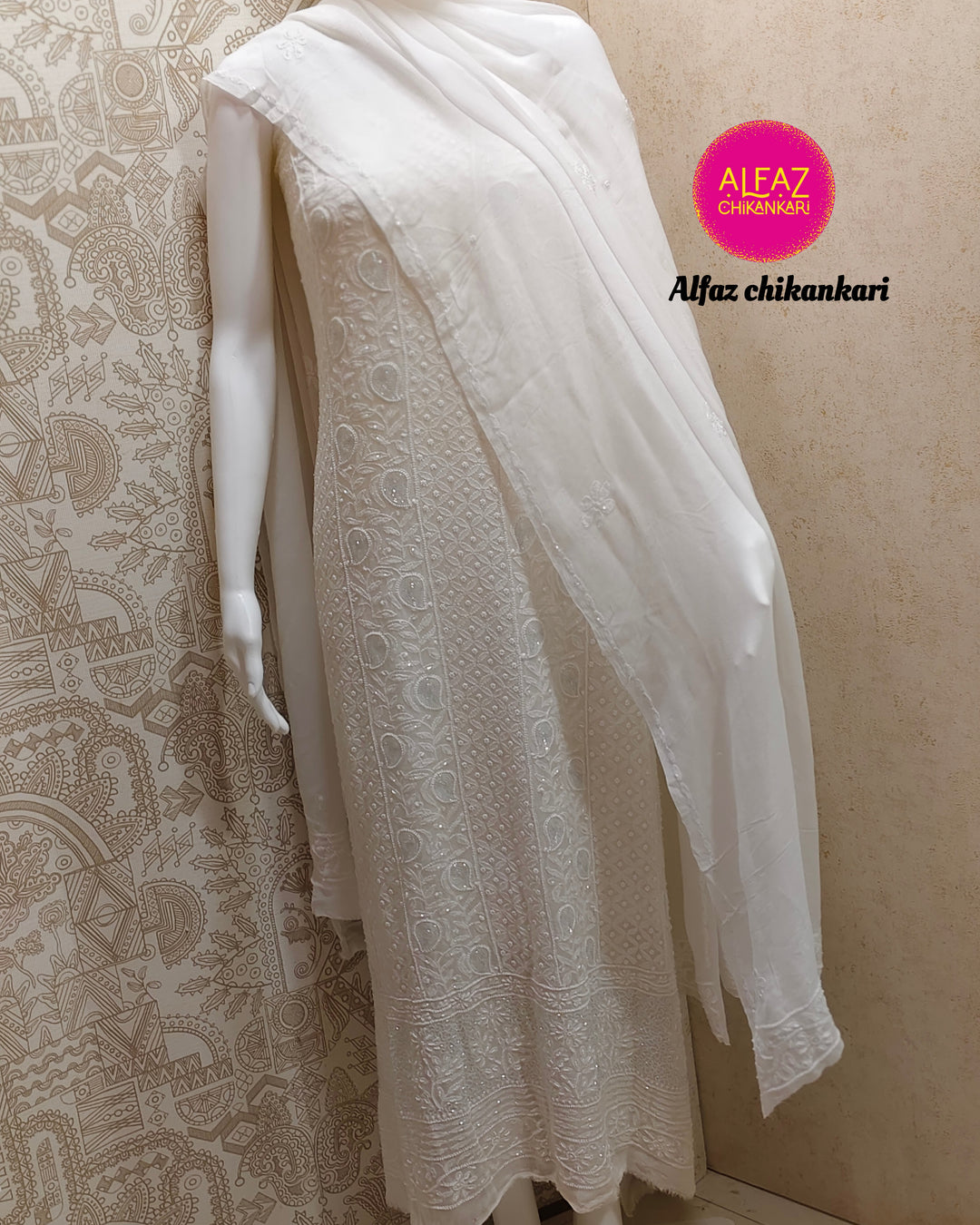 Amal Hand Embroidered White Viscose  Lucknowi Chikankari Unstitched Kurta Dupatta Set With  Add On Cutdana