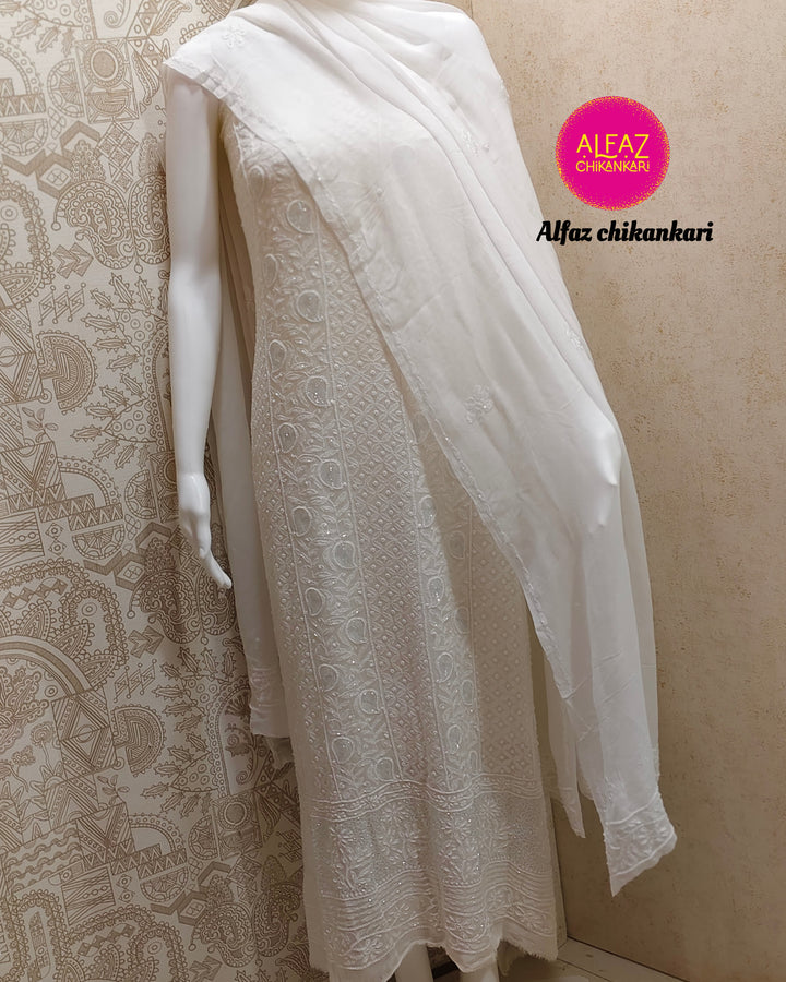 Amal Hand Embroidered White Viscose  Lucknowi Chikankari Unstitched Kurta Dupatta Set With  Add On Cutdana