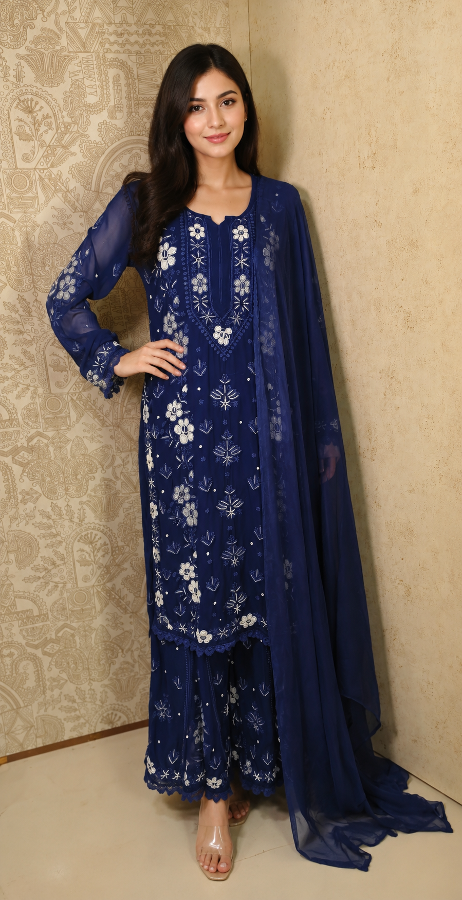 Afra Viscose Designer  Cutdana And Pearl Work Chikankari 3 Piece kalidar palazzo  set