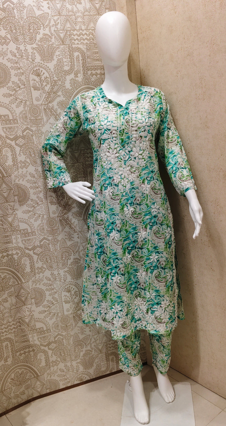 Rukhsaar Printed Mulmul Chikankari Pant  Set