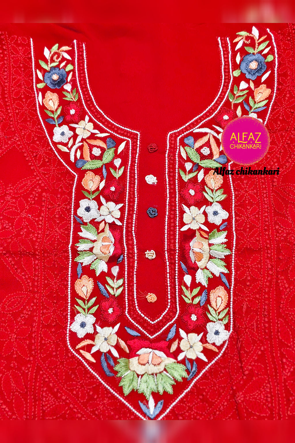 Urfi Hand Embroidered Red  Viscose  Lucknowi Chikankari Unstitched Kurta Dupatta Set With Parsi Ghara Work