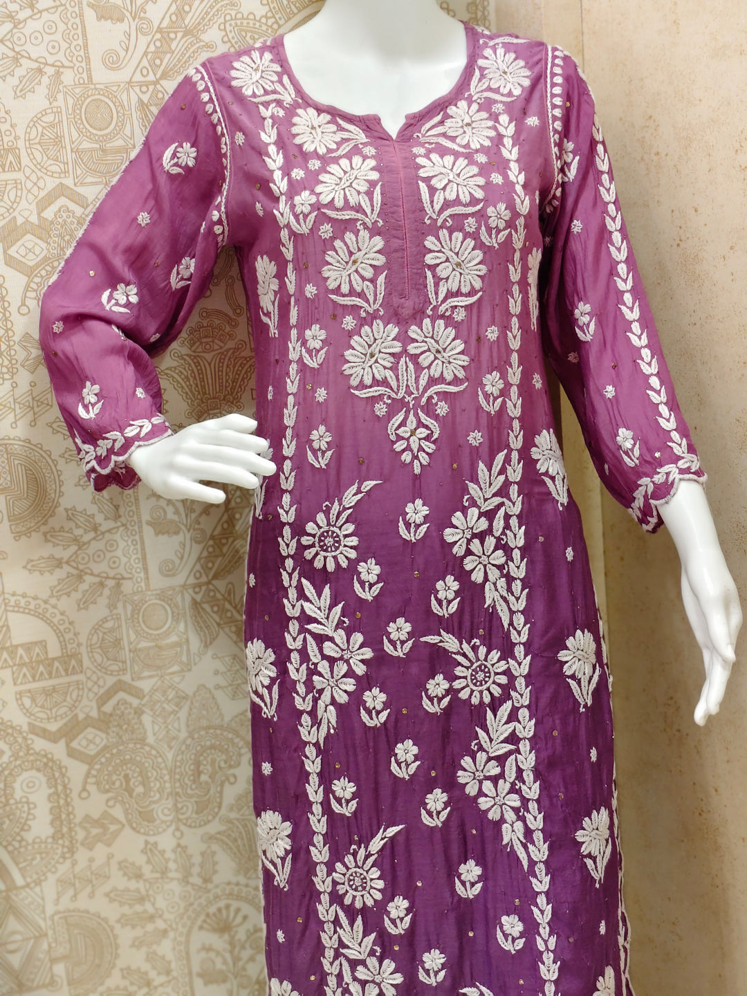 Azina Premium Muslin 3D Chikankari Ombre With Cutwork And Mukaish Work Kurti Palazzo Set