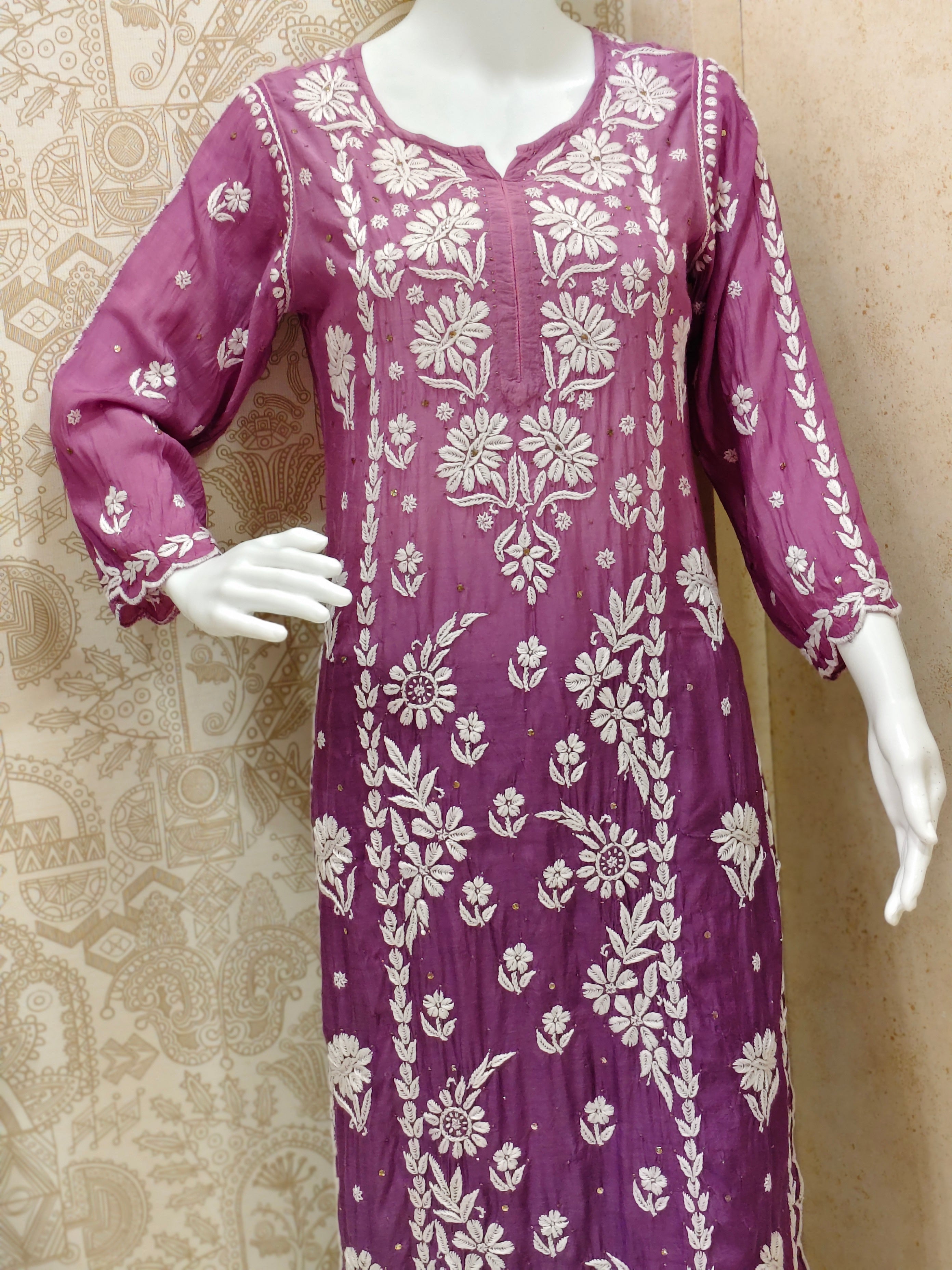Azina Premium Muslin 3D Chikankari Ombre With Cutwork And Mukaish Work Kurti Palazzo Set