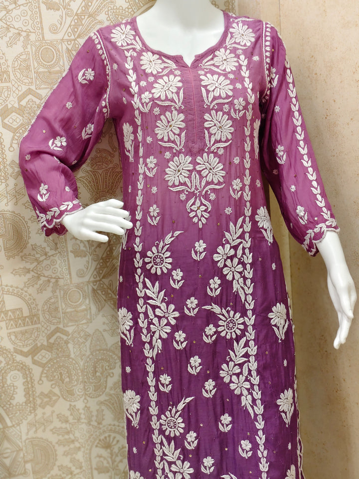 Azina Premium Muslin 3D Chikankari Ombre With Cutwork And Mukaish Work Kurti Palazzo Set