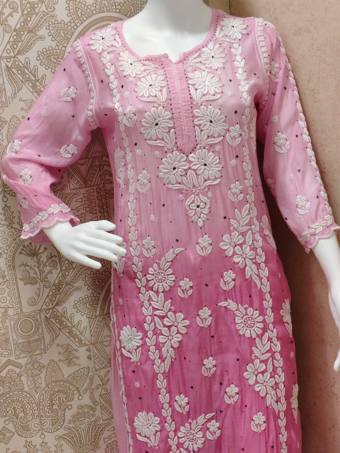 Azina Premium Muslin 3D Chikankari Ombre With Cutwork And Mukaish Work Kurti Palazzo Set