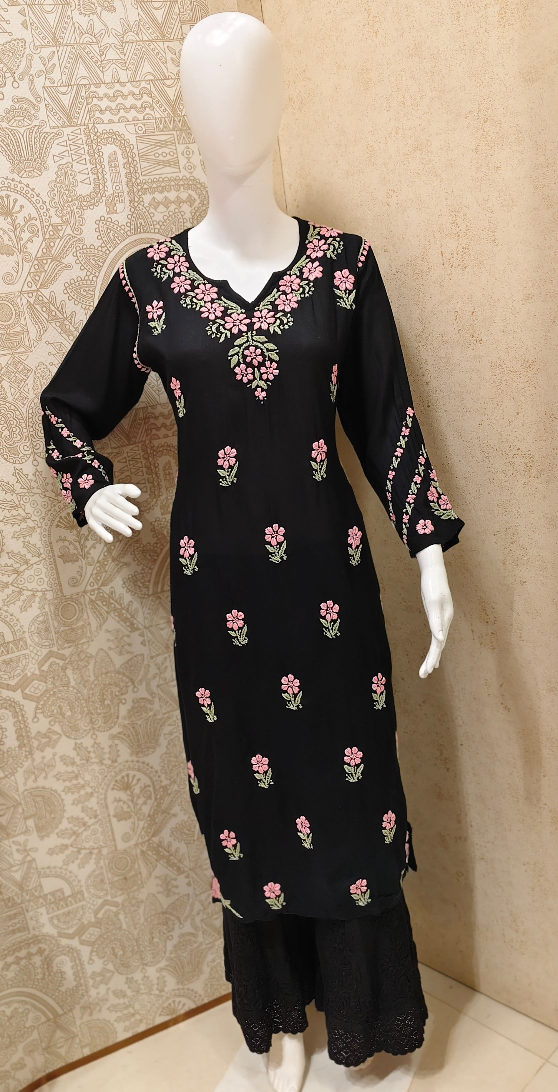 Yara  Rayon Black Multi Long Kurti Chikankari