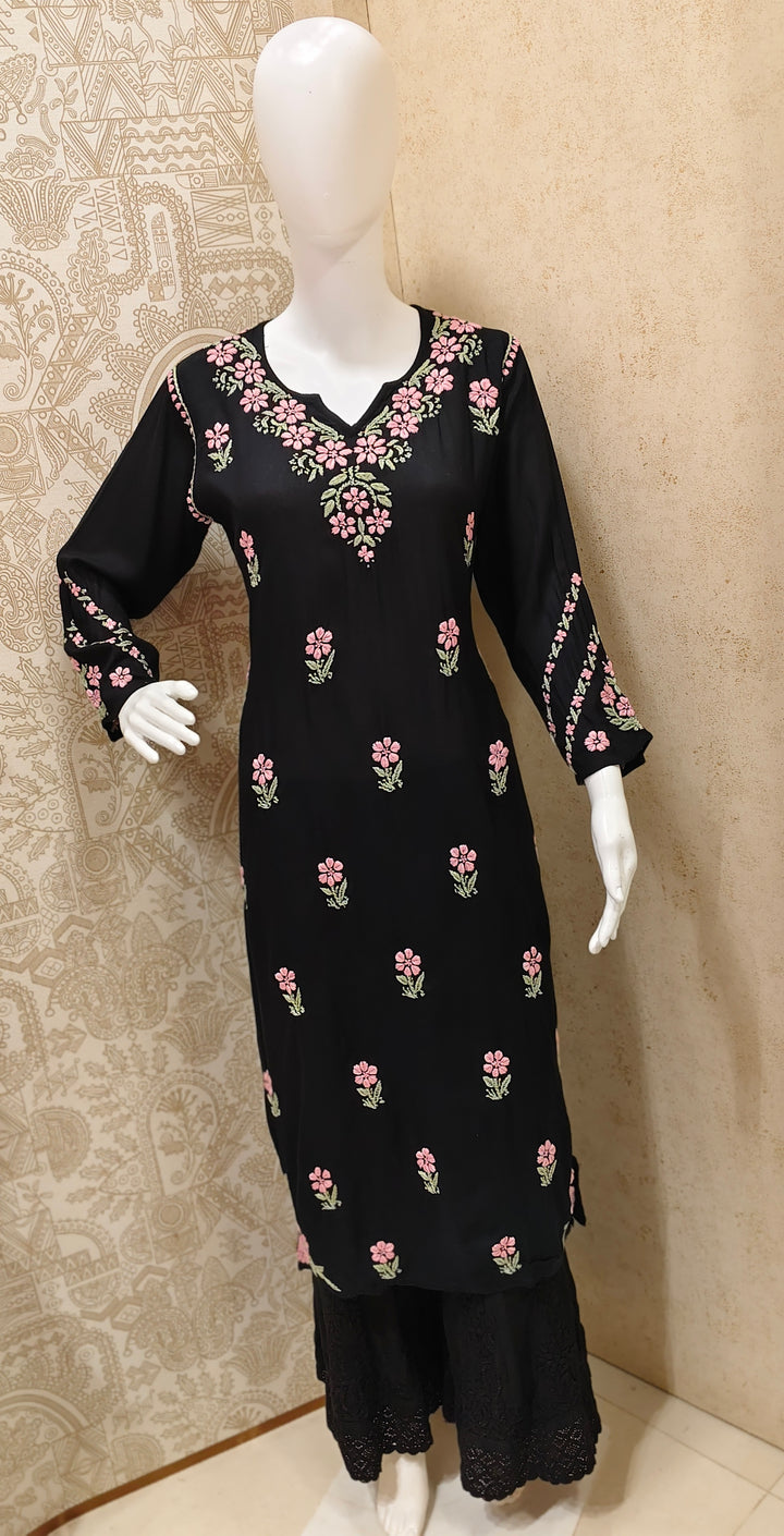 Yara  Rayon Black Multi Long Kurti Chikankari