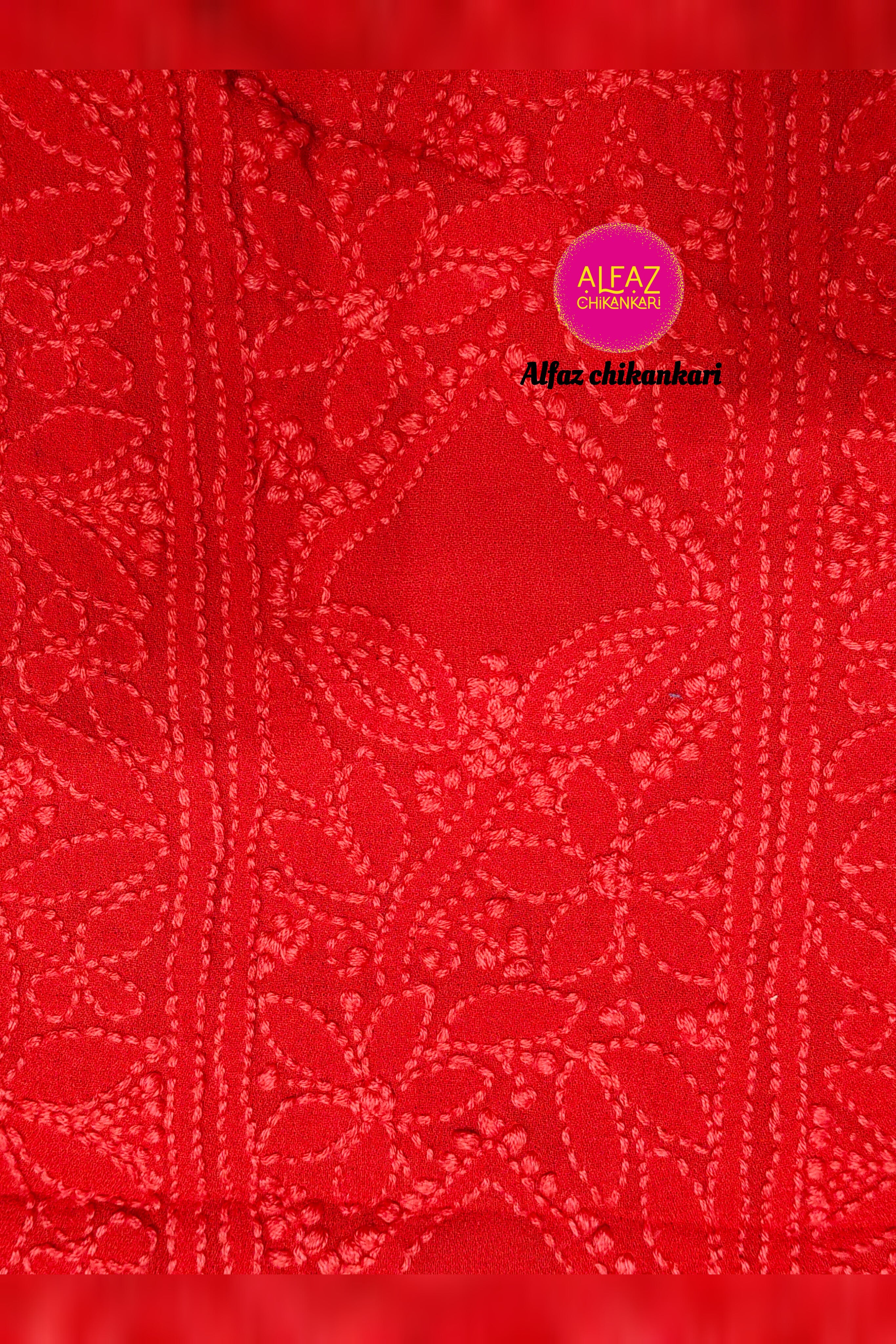 Urfi Hand Embroidered Red  Viscose  Lucknowi Chikankari Unstitched Kurta Dupatta Set With Parsi Ghara Work
