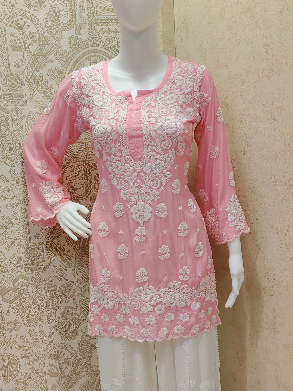 Rua Premium Muslin 3D Chikankari short kurti with scollap work