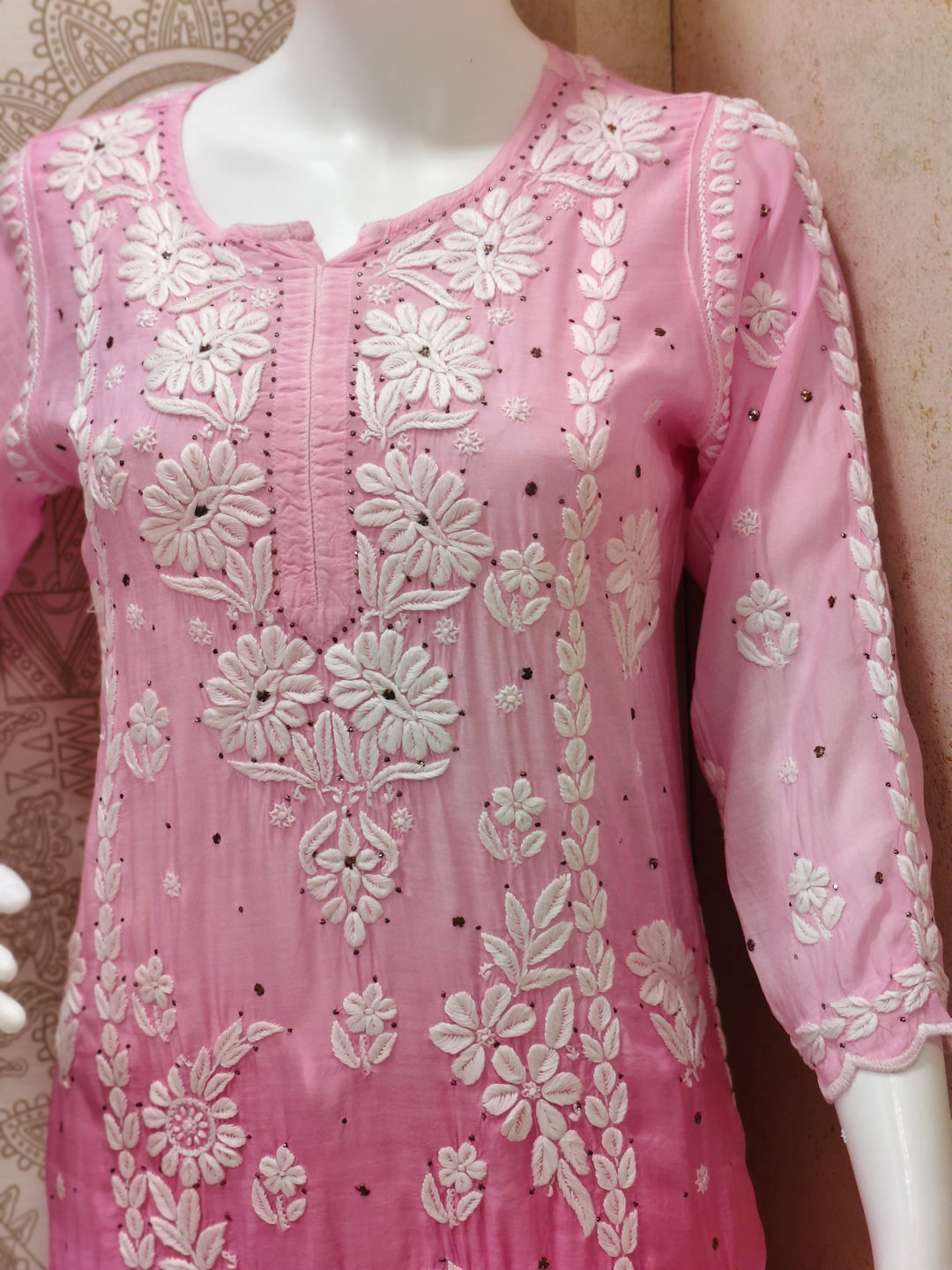 Azina Premium Muslin 3D Chikankari Ombre With Cutwork And Mukaish Work Kurti Palazzo Set