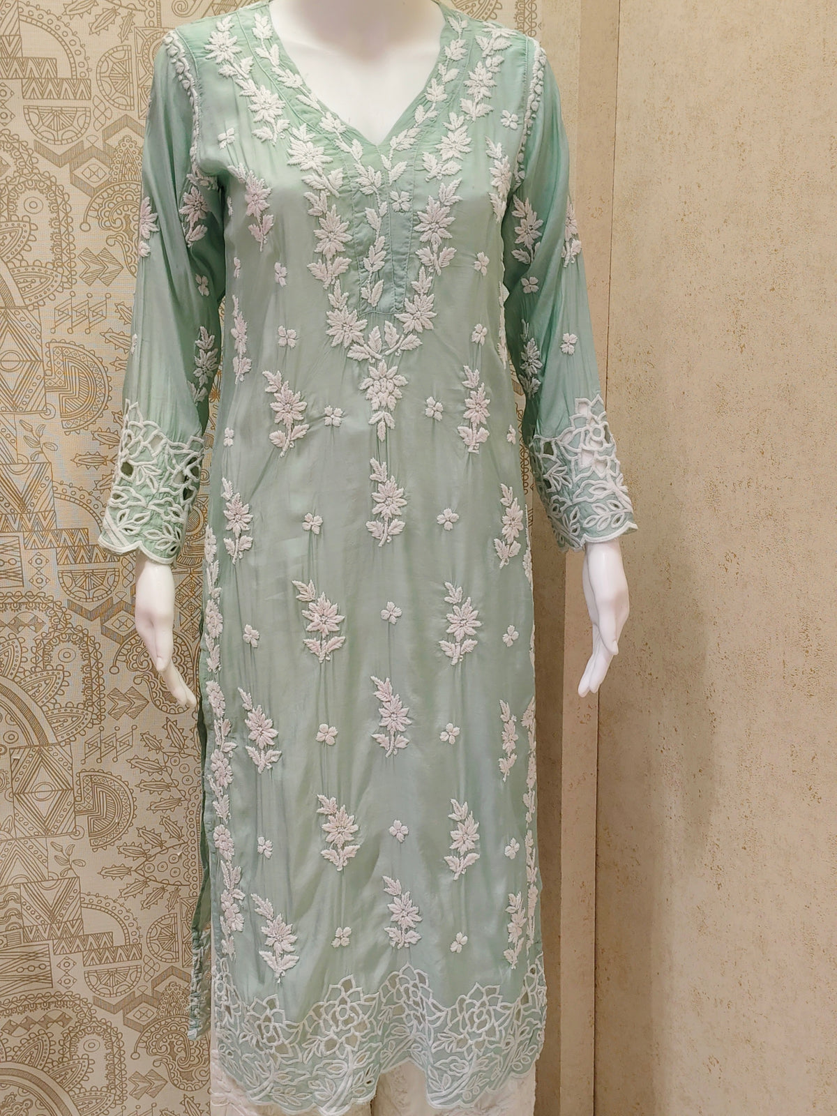 Inaya Premium Muslin 3D Chikankari work with Cutwork detailing long kurti