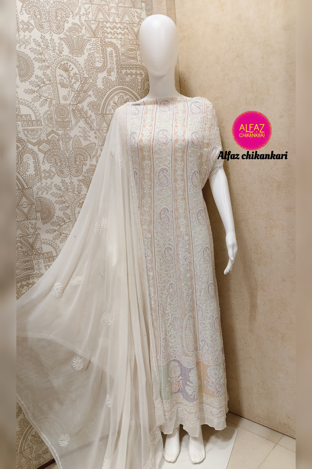 Shifa Premium Semi-Stitched Viscose Jaal Work  Chikanakri Designer Anarkali With Add On Cutdana