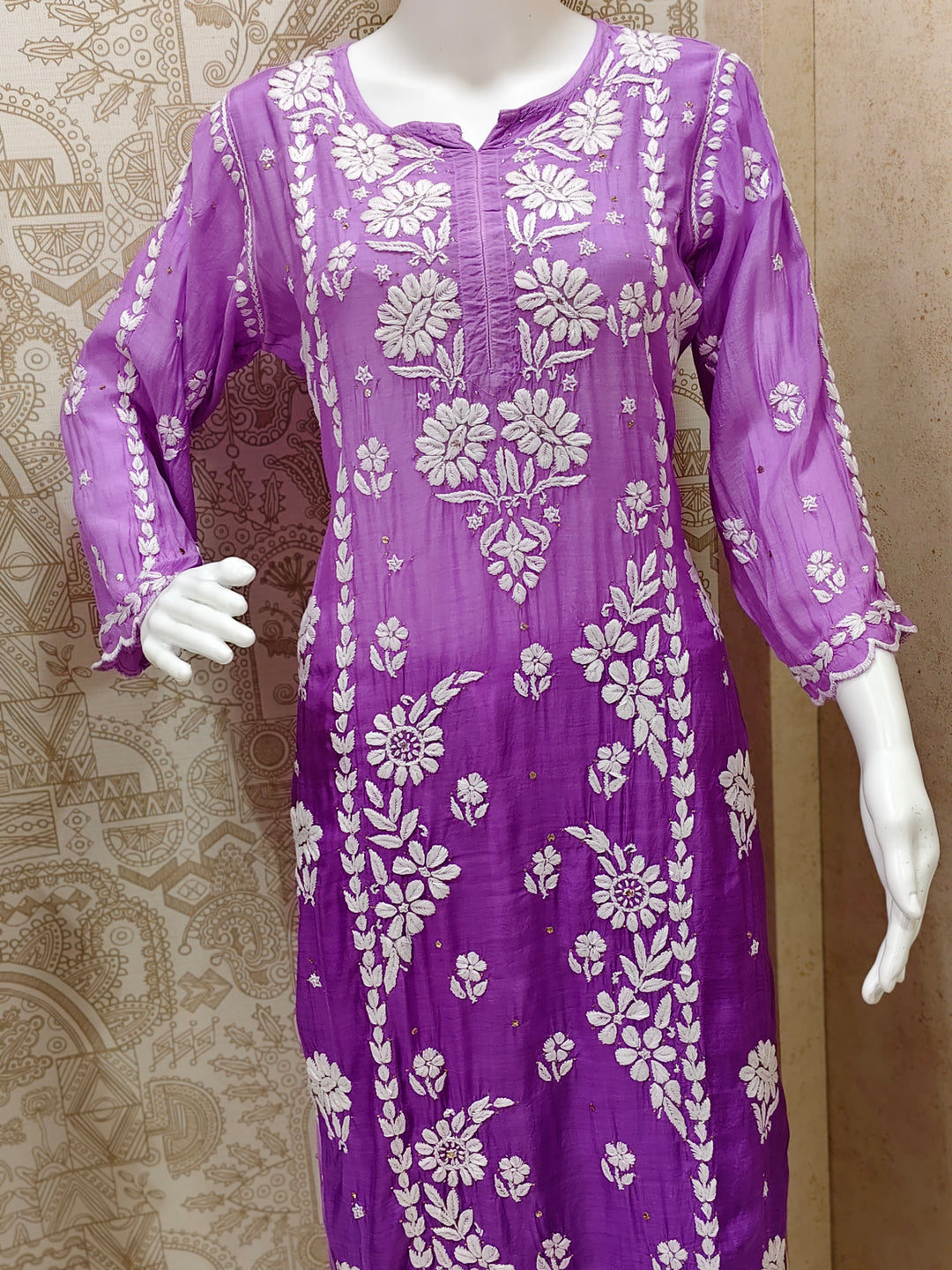Azina Premium Muslin 3D Chikankari Ombre With Cutwork And Mukaish Work Kurti Palazzo Set