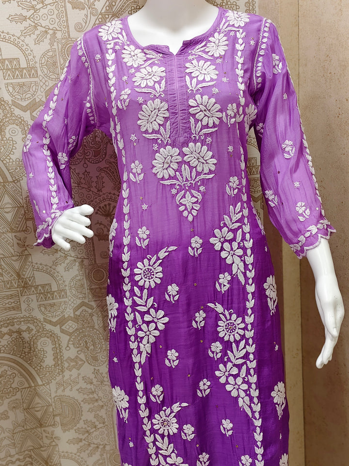 Azina Premium Muslin 3D Chikankari Ombre With Cutwork And Mukaish Work Kurti Palazzo Set