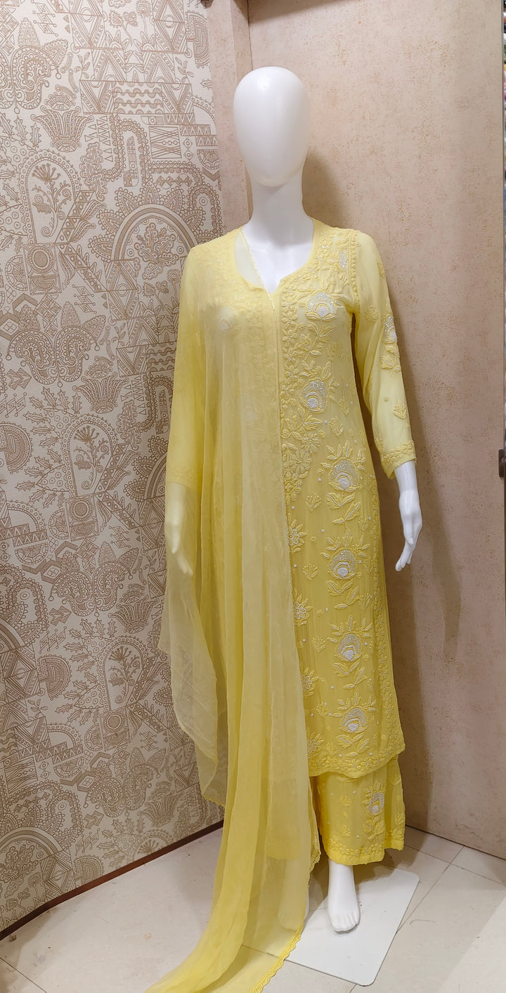 Yazrin Viscose Designer Add On Cutdana And Pearl Work Chikankari 3 Piece Set