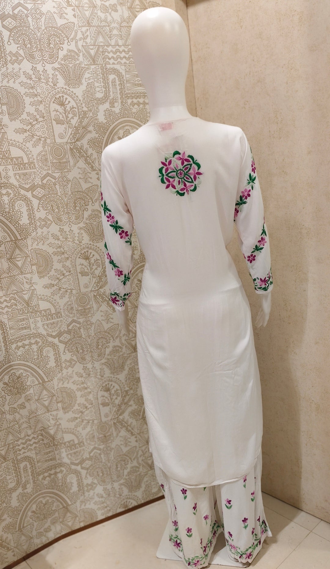 Rida  Rayon Chikankari Designer White- Multi  Palazzo Set