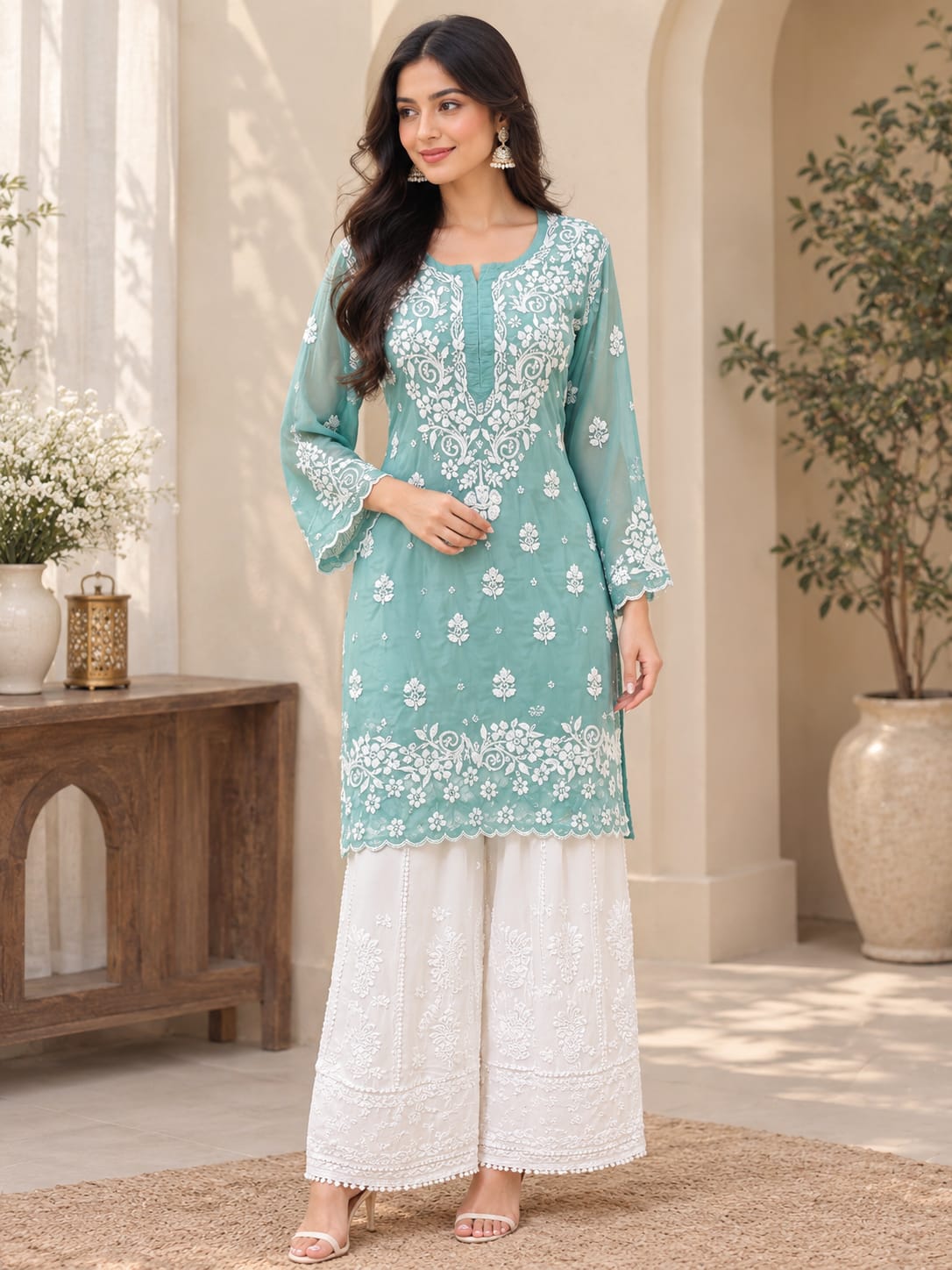 Rua Premium Muslin 3D Chikankari short kurti with scollap work