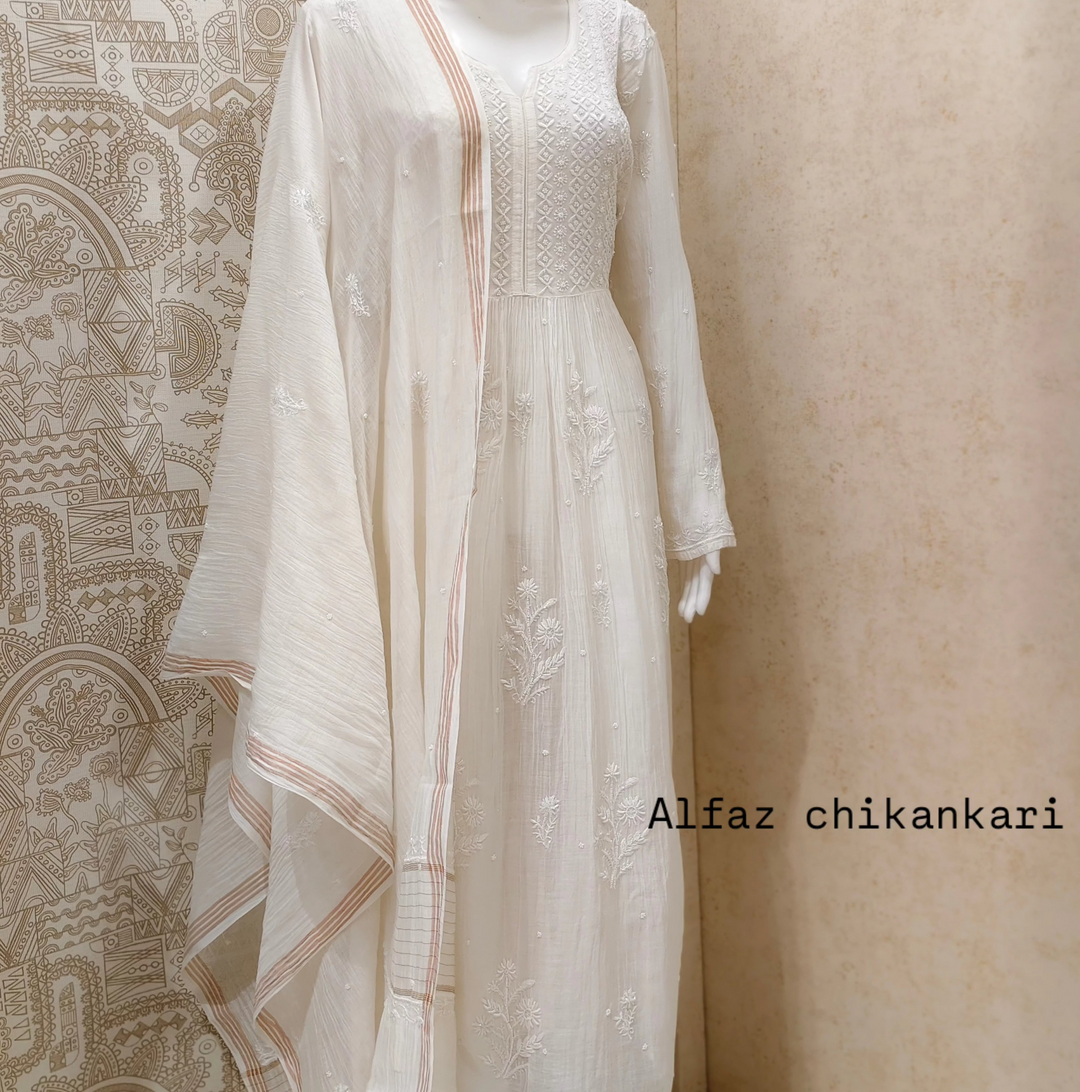 Eva Mul Chanderi Semi-Stitched Kurta And Dupatta Set.