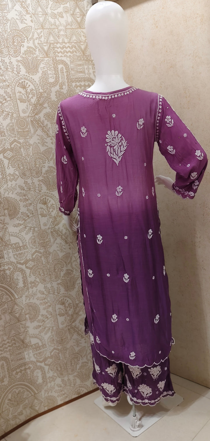 Azina Premium Muslin 3D Chikankari Ombre With Cutwork And Mukaish Work Kurti Palazzo Set