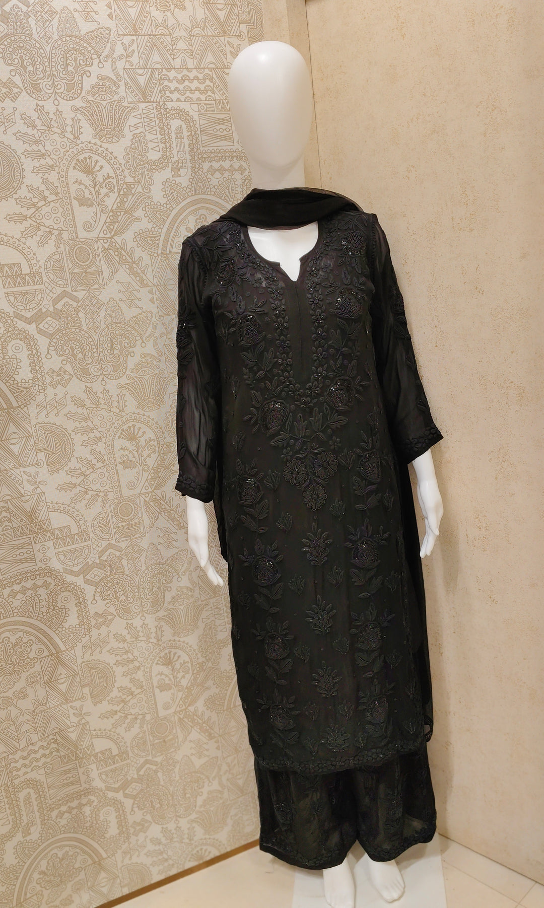 Yazrin Viscose Designer Black  Add On Cutdana And Pearl Work Chikankari 3 Piece Set