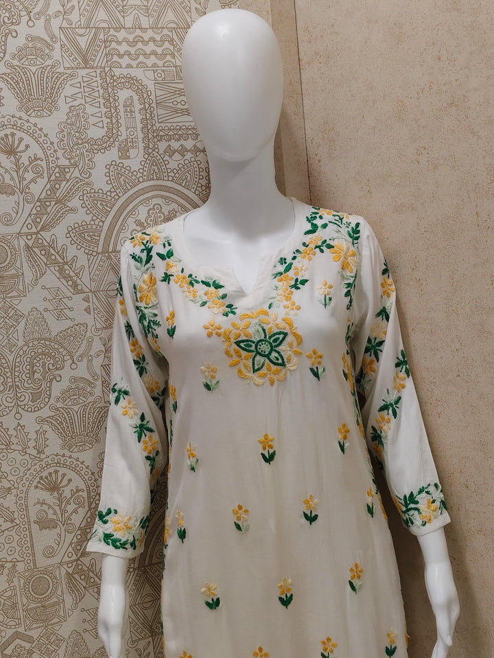 Rida  Rayon Chikankari Designer White- Multi  Palazzo Set