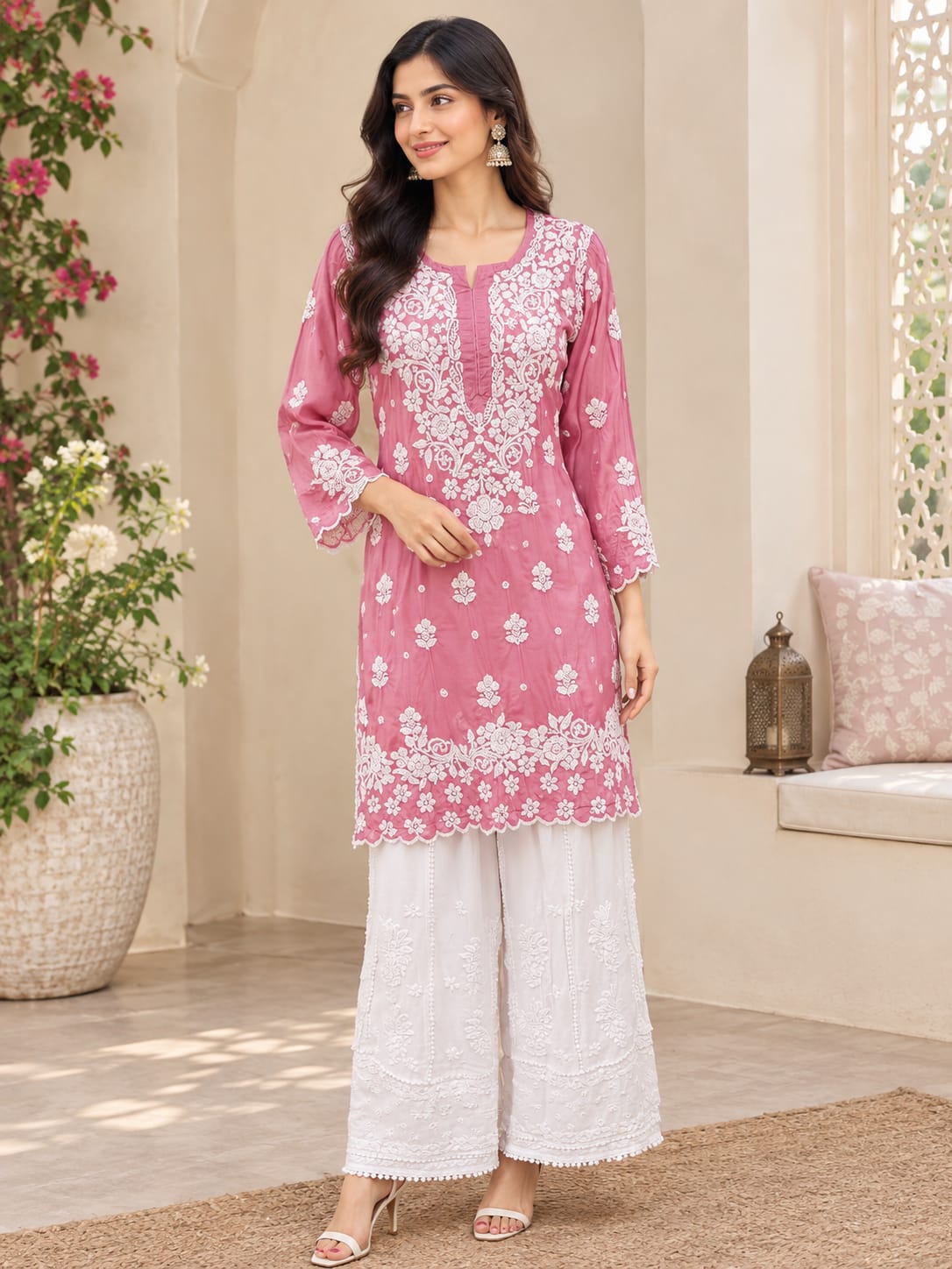 Rua Premium Muslin 3D Chikankari short kurti with scollap work