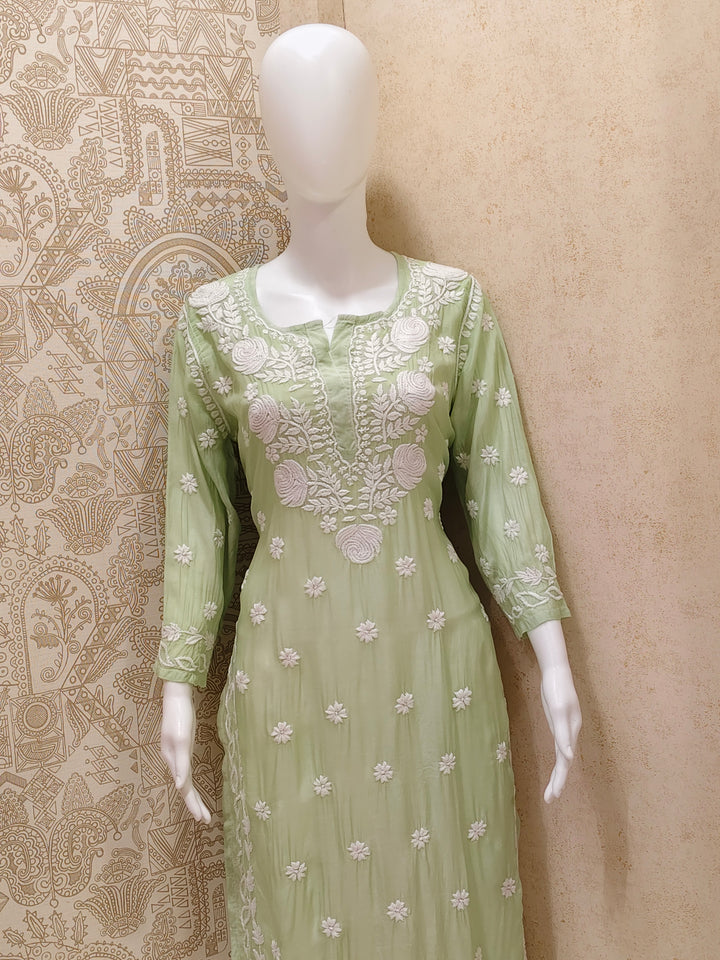 Safa Premium Muslin 3D Chikankari  Rose Long Kurti