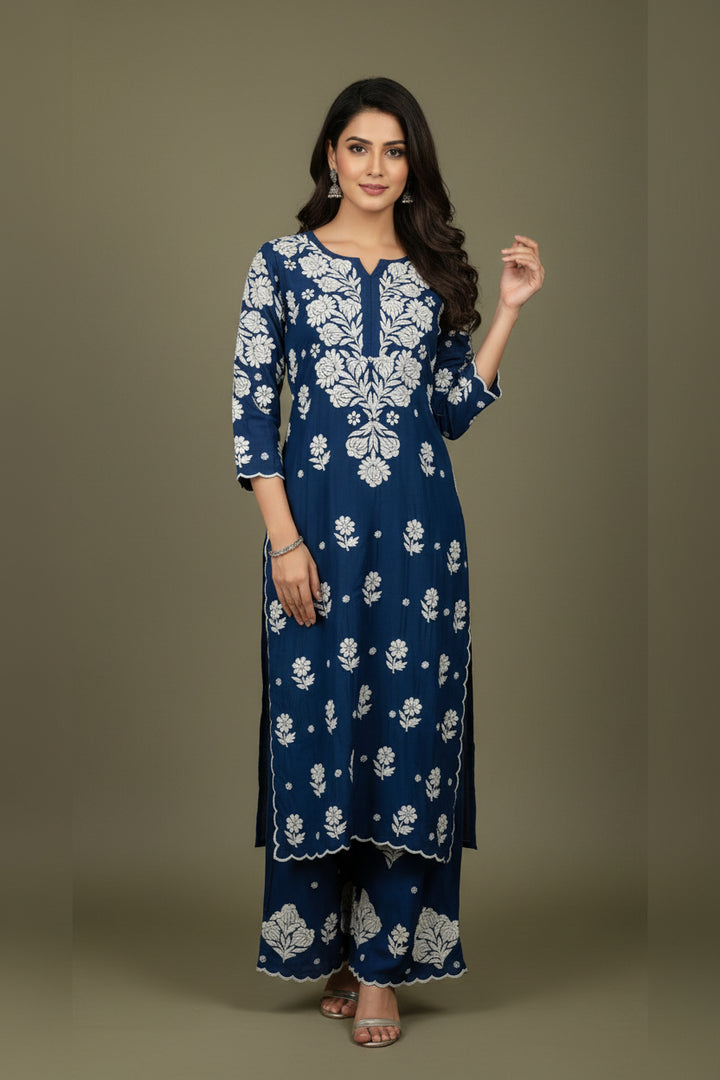 Rubi Premium Crepe Silk 3D Chikankari  Cutwork Kurti Palazzo Set