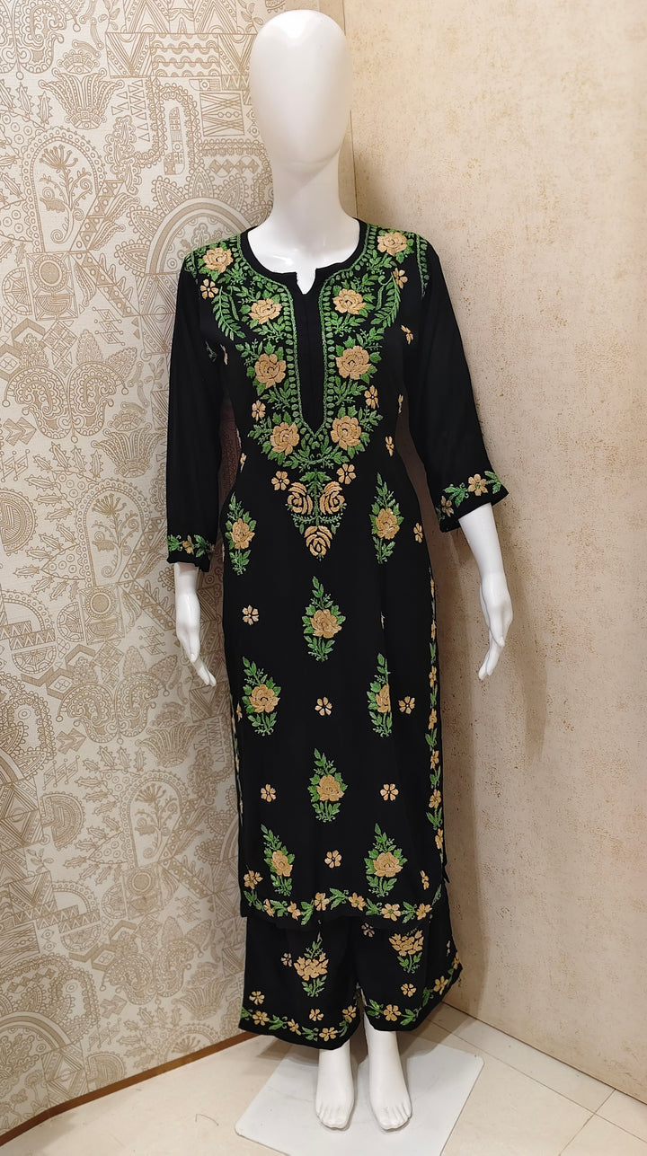 Ruba Rayon Chikankari Designer Black Palazzo Set